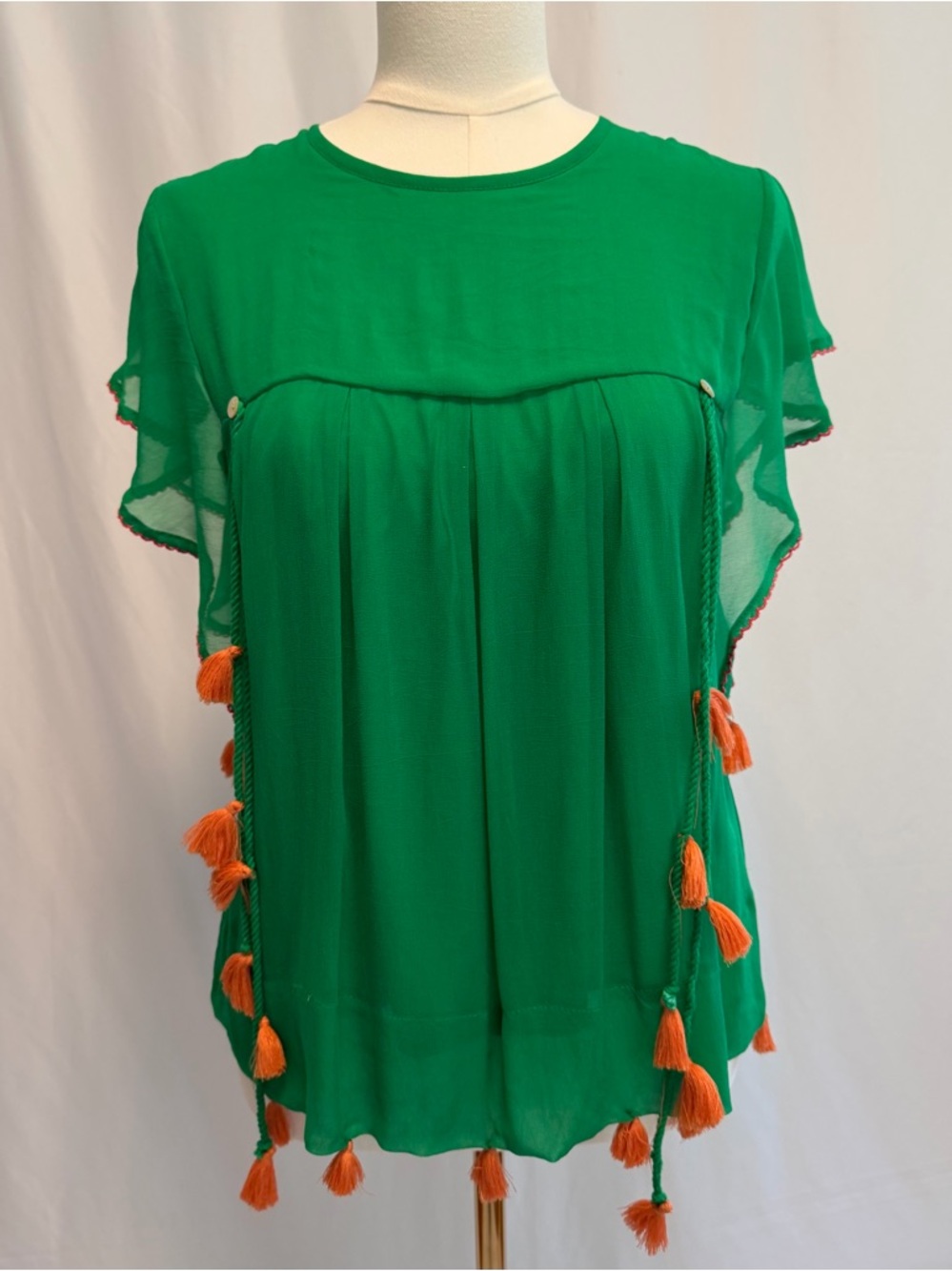 Banjanan Anthropologie NWT Tassel Top Ruffle Sleeve Boho Blouse Size S